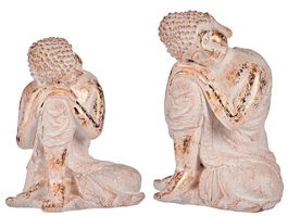 Ibergarden Buda Poliresina Sentado Cabeza Lado Izquierdo Blanco y Oro 23x33x26cm (Set de 2)