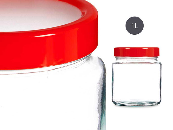 Vivalto Bote de Cristal 1L Transparente con Tapa Roja, Vidrio y Plástico, 11.5x35.5x11.5 cm (Set de 12)