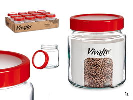 Vivalto Bote de Cristal 1L Transparente con Tapa Roja, Vidrio y Plástico, 11.5x35.5x11.5 cm (Set de 12)