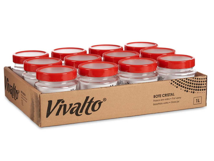 Vivalto Bote de Cristal 1L Transparente con Tapa Roja, Vidrio y Plástico, 11.5x35.5x11.5 cm (Set de 12)