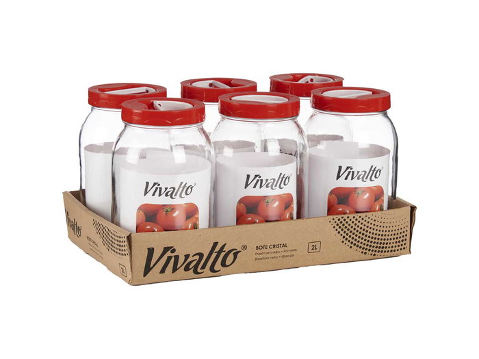 Vivalto Bote de Cristal Transparente con Tapa Roja y Asa, Capacidad 2L, Dimensiones 12x21x12 cm (Set de 6)