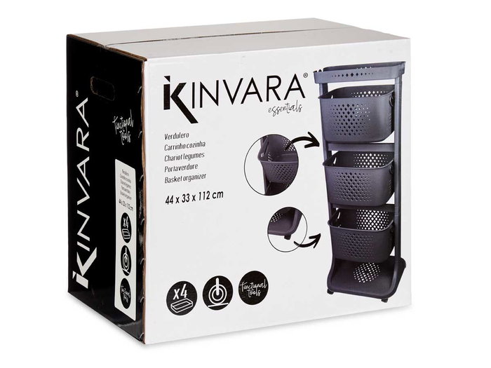 Kinvara Verdulero Plástico 3 Alturas con Ruedas, Color Antracita, 33x11.2x42 cm