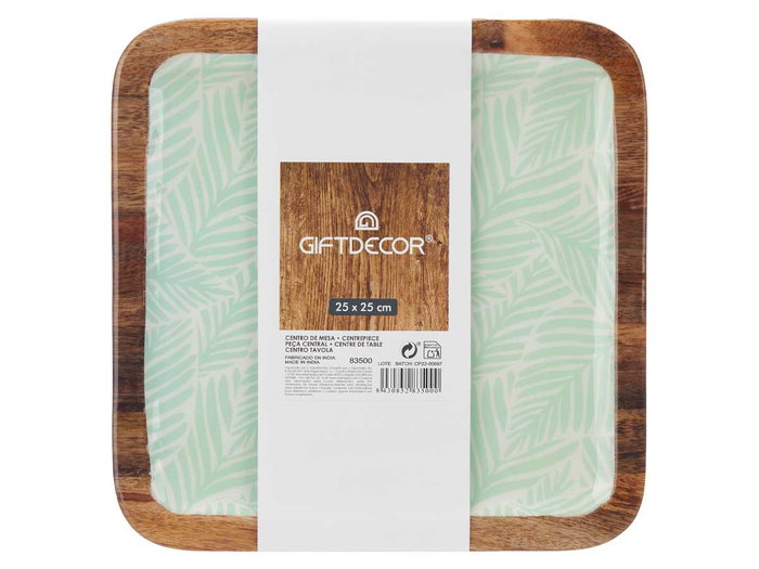Giftdecor Centro De Mesa Cuadrado 25x25 Hojas Blanco Marrón Verde Madera Mango Resina Poliuretano (Set de 6)
