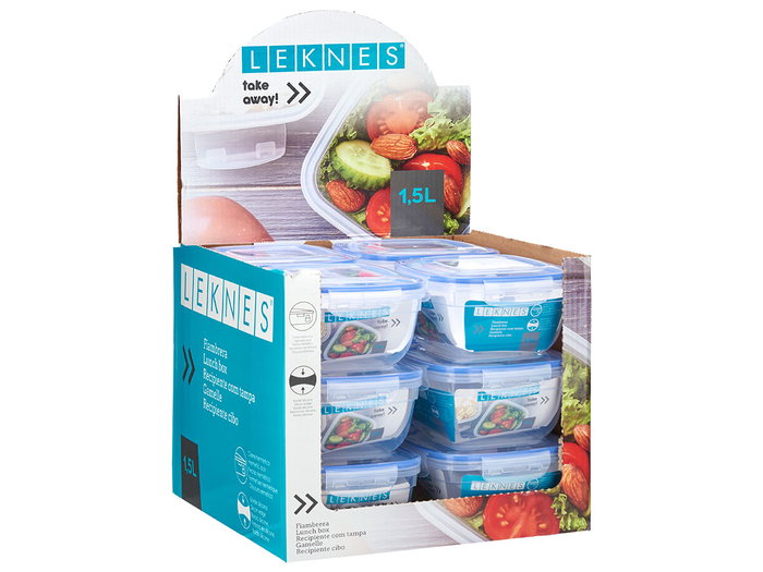 Leknes Fiambrera Cuadrada Hermética Tapa Azul 1500 ml Plástico Polipropileno 17 x 10 x 17 cm (Set de 12)