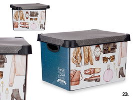 Kipit Caja de Plástico 22L Estampado Vintage con Asa 30x23.5x40 cm (Set de 12)