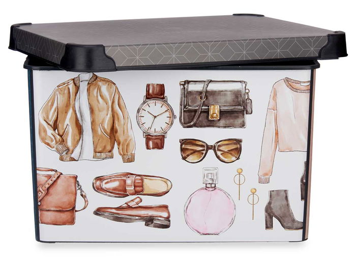 Kipit Caja de Plástico 22L Estampado Vintage con Asa 30x23.5x40 cm (Set de 12)