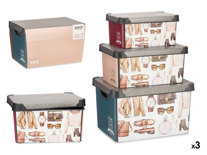 Kipit Set 3 Pzs Cajas Plástico Estampado Vintage 29x23.5x39.5 cm Kipit Set 3 Pzs Cajas Plástico Estampado Vintage 29x23.5x39.5 cm