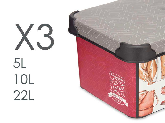 Kipit Set 3 Pzs Cajas Plástico Estampado Vintage 29x23.5x39.5 cm Kipit Set 3 Pzs Cajas Plástico Estampado Vintage 29x23.5x39.5 cm