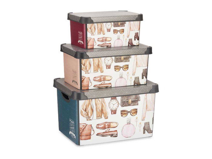 Kipit Set 3 Pzs Cajas Plástico Estampado Vintage 29x23.5x39.5 cm Kipit Set 3 Pzs Cajas Plástico Estampado Vintage 29x23.5x39.5 cm
