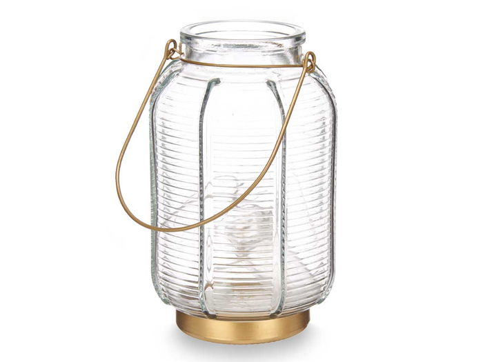 Giftdecor Farol LED Rayas Alto Transparente Vidrio 14 x 22 x 14 cm (Set de 6)