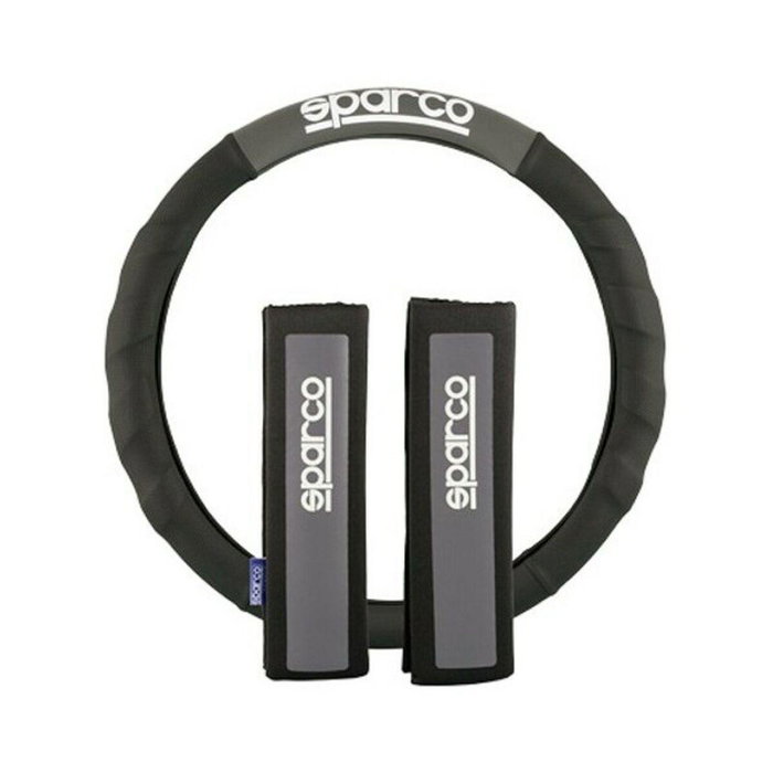Sparco SPC1111KGR Funda Volante y Almohadillas Negro-Gris Polyester Antideslizante Lavable Universal Juego 2 Piezas