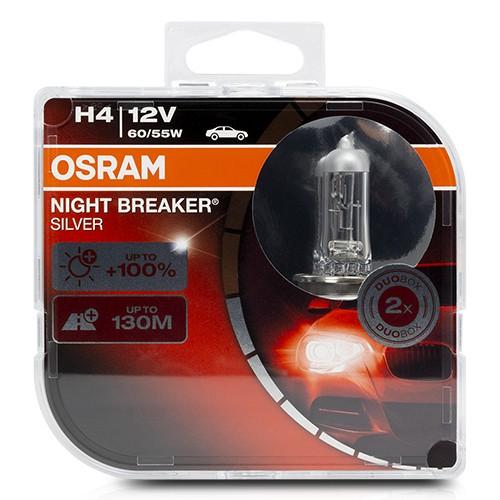 Osram Night Breaker Silver H4 Bombillas Halógenas Duo Box Alta Potencia Luz Blanca OS64193NBS-HCB para Mejor Visibilidad Nocturna