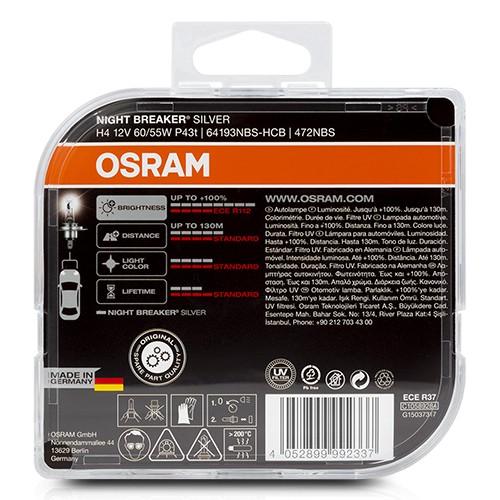 Osram Night Breaker Silver H4 Bombillas Halógenas Duo Box Alta Potencia Luz Blanca OS64193NBS-HCB para Mejor Visibilidad Nocturna