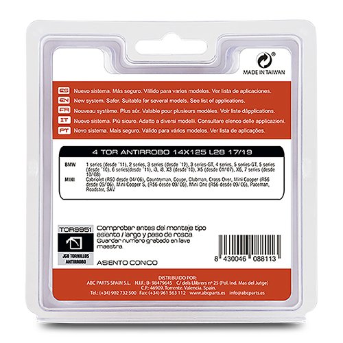 Mini TOR9951 Antirrobo 14x125 L28 17-19 4 Tornillos Black Chrome para Mini X5, X6, Serie 7