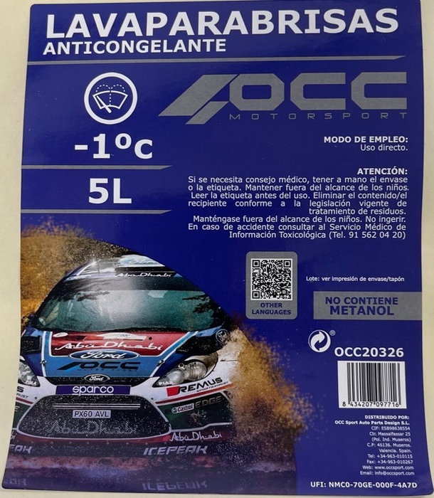 Occ Motorsport OCC20326 Liquido Limpiaparabrisas Anticongelante 5 Litros, Protección Frente al Frio, Libre de Metanol