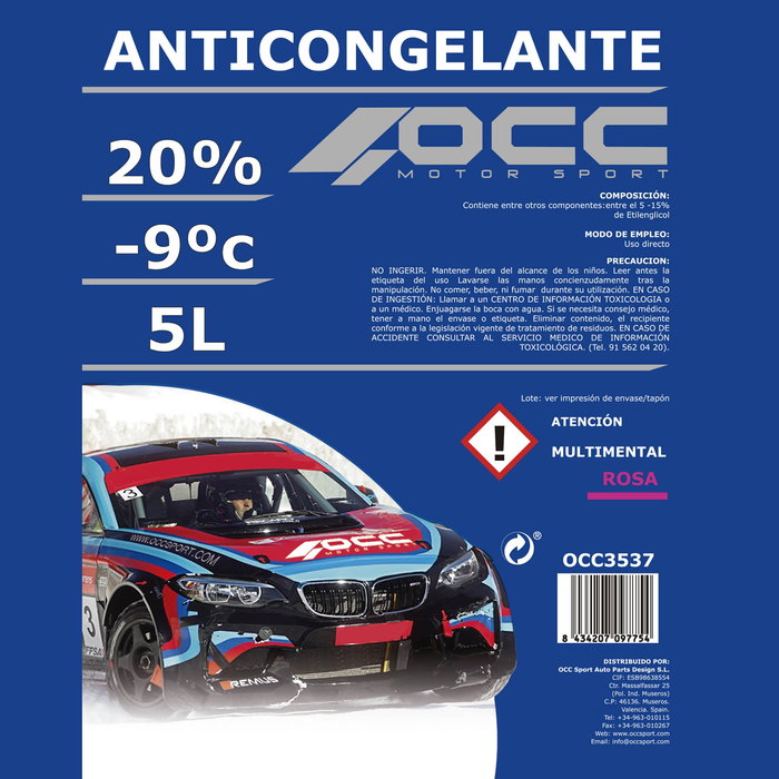 Occ Motorsport Anticongelante Refrigerante Rosa -9 grados C 20% 5 Litros OCC3537