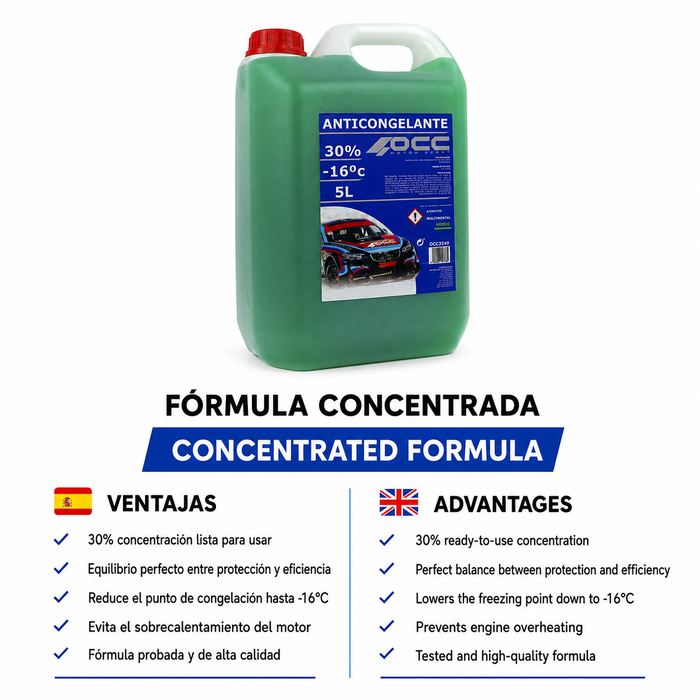 OCC Motorsport OCC3540 Anticongelante Verde Refrigerante 30% Protección -16°C 5 Litros - Protege Aluminio, Anticorrosivo, Antiespumante