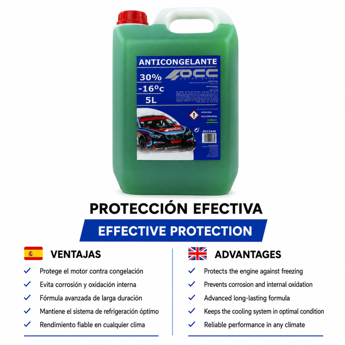 OCC Motorsport OCC3540 Anticongelante Verde Refrigerante 30% Protección -16°C 5 Litros - Protege Aluminio, Anticorrosivo, Antiespumante