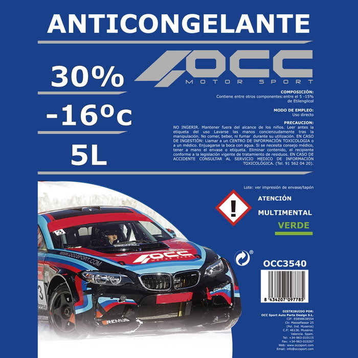 OCC Motorsport OCC3540 Anticongelante Verde Refrigerante 30% Protección -16°C 5 Litros - Protege Aluminio, Anticorrosivo, Antiespumante