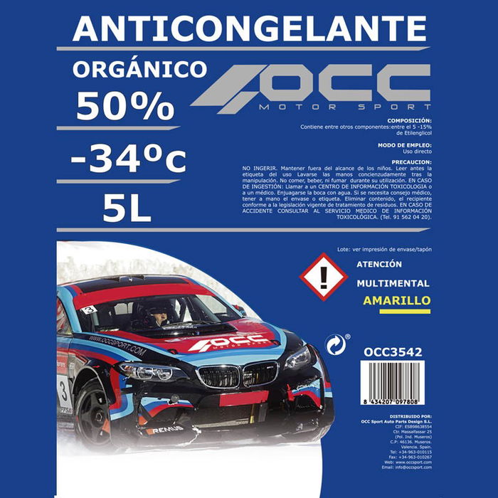 Occ Motorsport OCC3542 Anticongelante Amarillo G12 -34°C 50% 5 Litros
