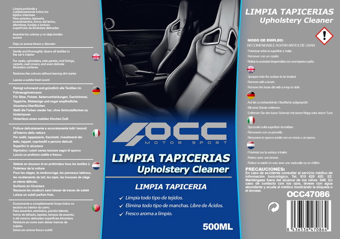 Occ Motorsport OCC47086 Limpiador de Tapicería para Coche 500 mL, Limpia Tejidos Sintéticos, Moqueta y Superficies Interiores, Deja Fragancia Fresca