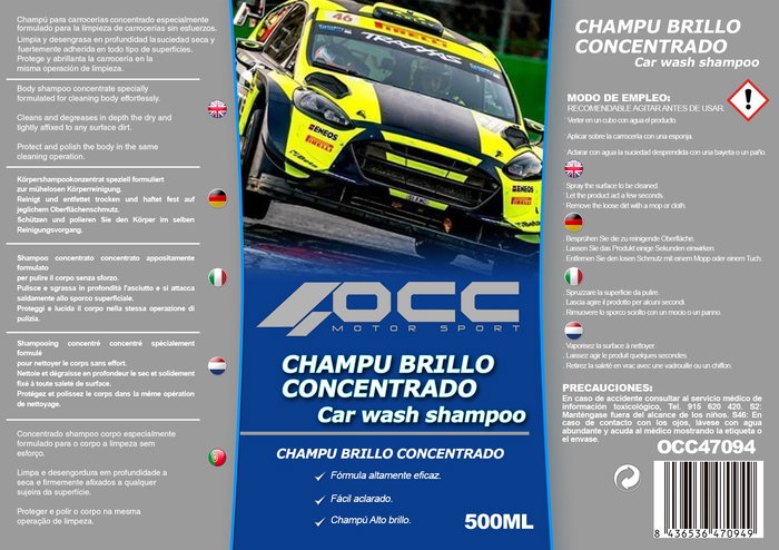 Occ Motorsport OCC47094 - Champú para Coche pH Neutro 500 mL - Limpia Suavidad y Conserva Brillado de Carrocería, Pintura y Superficies Tratadas