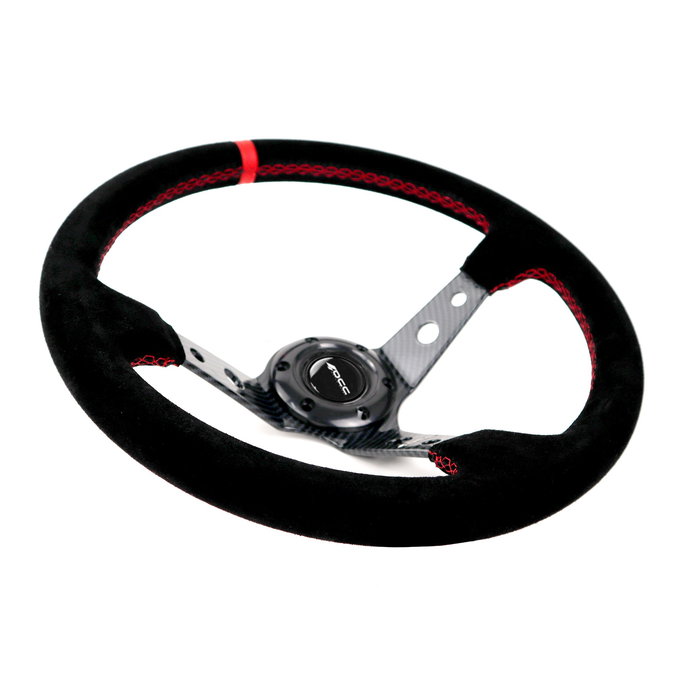 Occ Motorsport Volante Deportivo Desplazado Modelo Track OCCVOL007 - 350 mm Diámetro, Aro Piel Vuelta, Brazos Efecto Carbono para Conducción Deportiva