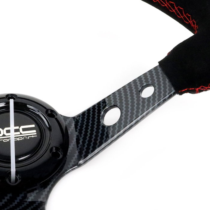 Occ Motorsport Volante Deportivo Desplazado Modelo Track OCCVOL007 - 350 mm Diámetro, Aro Piel Vuelta, Brazos Efecto Carbono para Conducción Deportiva