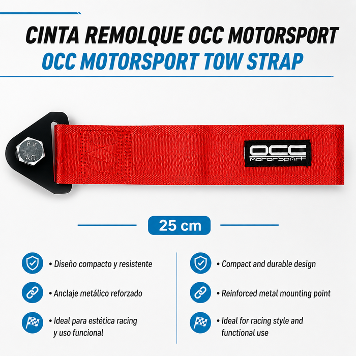 Occ Motorsport Cinta De Remolque Roja OCCRC013 - Nylon Alta Resistencia, Capacidad 3000 kg, Soporte Metálico, 25 x 5 cm