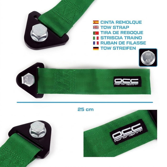 Occ Motorsport Cinta De Remolque Verde OCCRC015, Nylon Alta Resistencia, Soporte Metálico, Hasta 3000 kg, 25 x 5 cm, Para Aplicaciones Racing