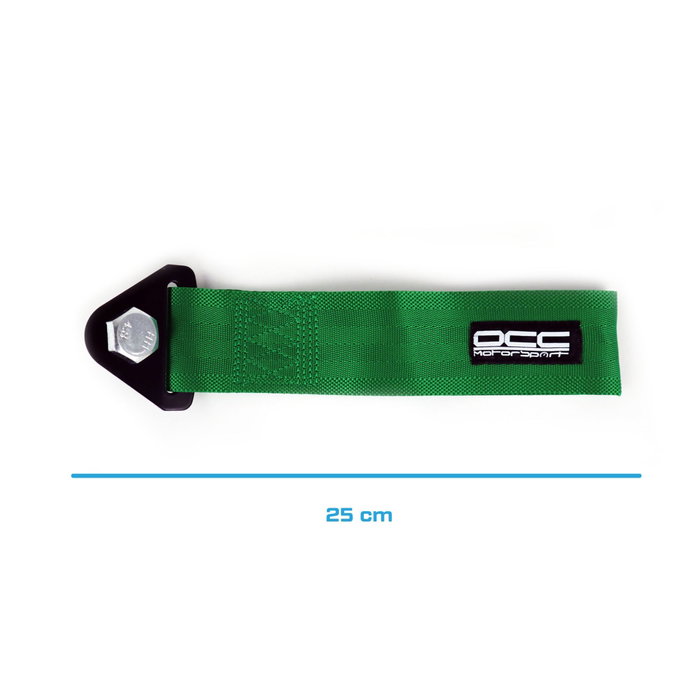 Occ Motorsport Cinta De Remolque Verde OCCRC015, Nylon Alta Resistencia, Soporte Metálico, Hasta 3000 kg, 25 x 5 cm, Para Aplicaciones Racing