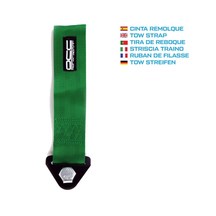 Occ Motorsport Cinta De Remolque Verde OCCRC015, Nylon Alta Resistencia, Soporte Metálico, Hasta 3000 kg, 25 x 5 cm, Para Aplicaciones Racing