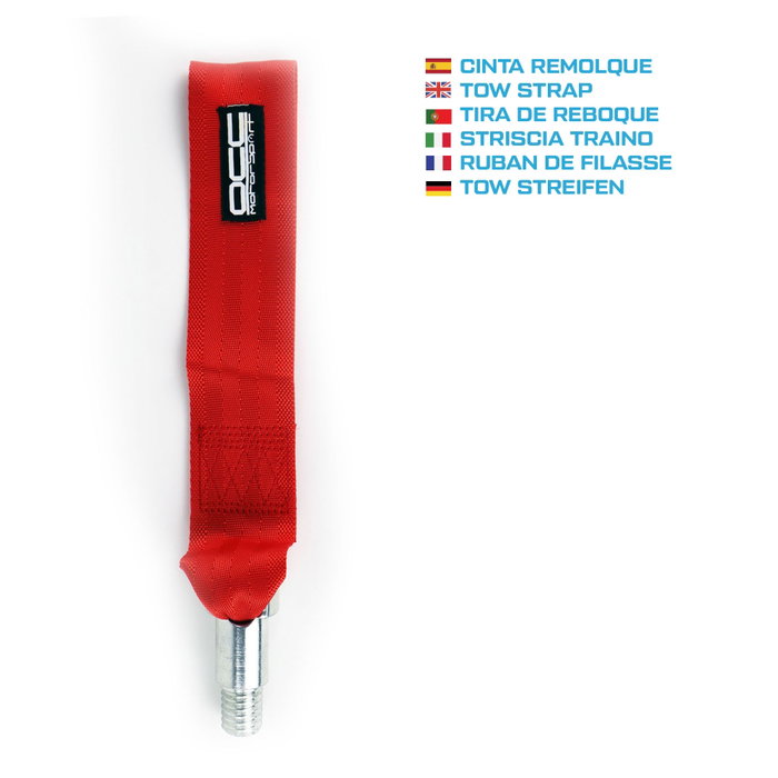 Occ Motorsport OCCRC016 Cinta de Remolque Roja Racing de Nylon con Soporte Metálico, Capacidad 3000 kg, Medidas 25 x 5 cm, Orificio para Perno de 15 mm