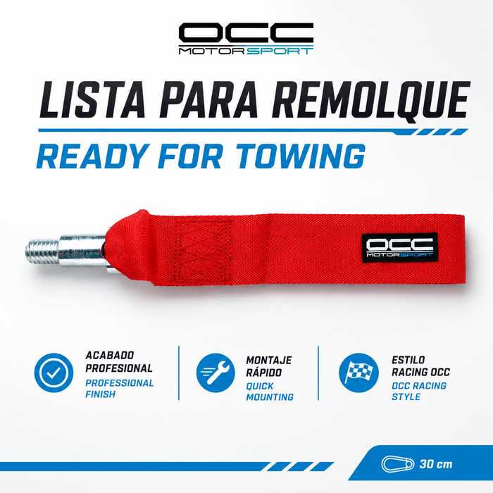 Occ Motorsport OCCRC016 Cinta de Remolque Roja Racing de Nylon con Soporte Metálico, Capacidad 3000 kg, Medidas 25 x 5 cm, Orificio para Perno de 15 mm