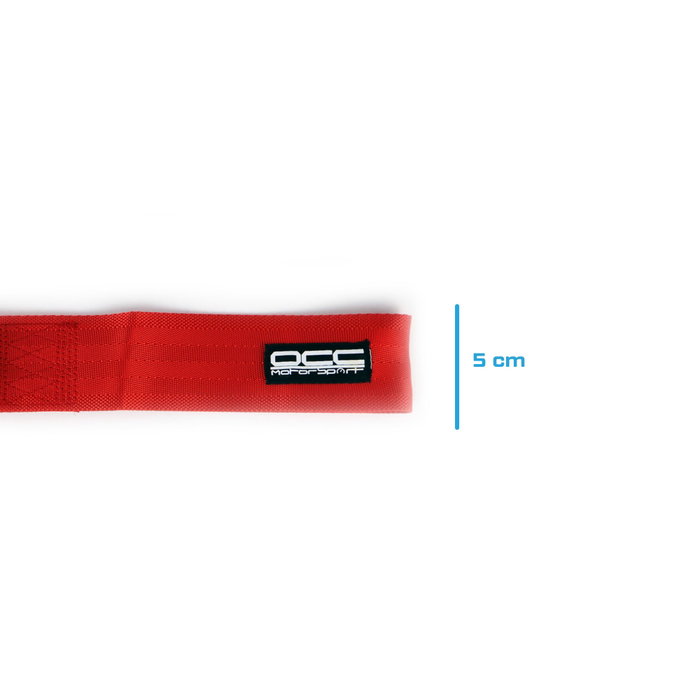 Occ Motorsport OCCRC016 Cinta de Remolque Roja Racing de Nylon con Soporte Metálico, Capacidad 3000 kg, Medidas 25 x 5 cm, Orificio para Perno de 15 mm