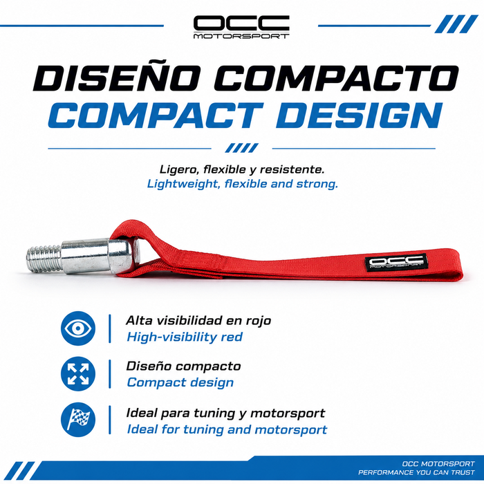 Occ Motorsport OCCRC016 Cinta de Remolque Roja Racing de Nylon con Soporte Metálico, Capacidad 3000 kg, Medidas 25 x 5 cm, Orificio para Perno de 15 mm