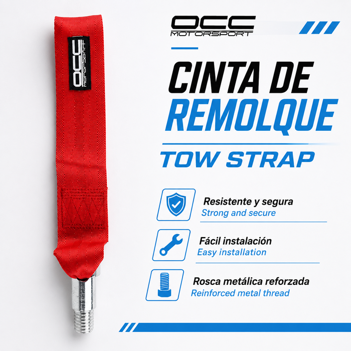 Occ Motorsport OCCRC016 Cinta de Remolque Roja Racing de Nylon con Soporte Metálico, Capacidad 3000 kg, Medidas 25 x 5 cm, Orificio para Perno de 15 mm