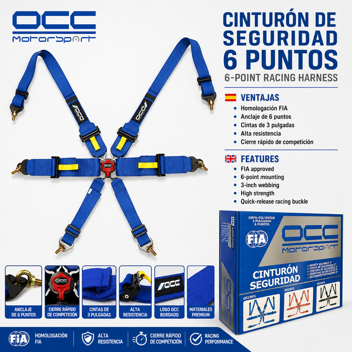 Occ Motorsport Arnés de 6 Puntos 3 Pulgadas Azul FIA New Occ Motorsport Arnés de 6 Puntos 3 Pulgadas Azul FIA New