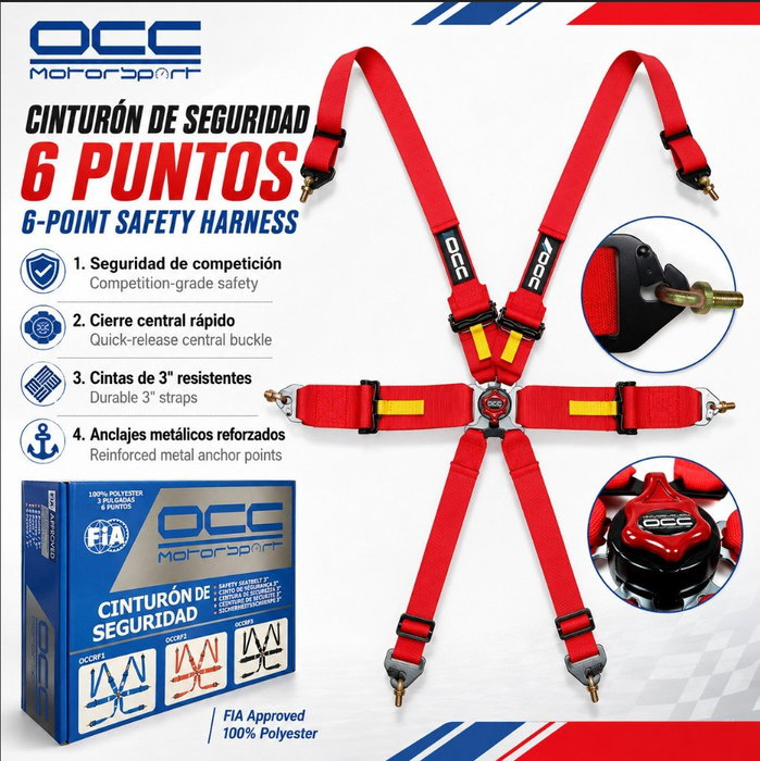 Occ Motorsport Arnés de 6 Puntos 3 Pulgadas Rojo FIA New
