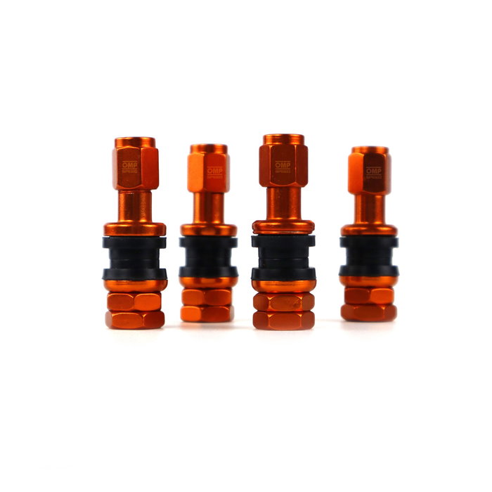 Omp OMPS09990010 Juego de 4 Valvulas de Aluminio para Llantas, Valvulas para Neumaticos Color Naranja