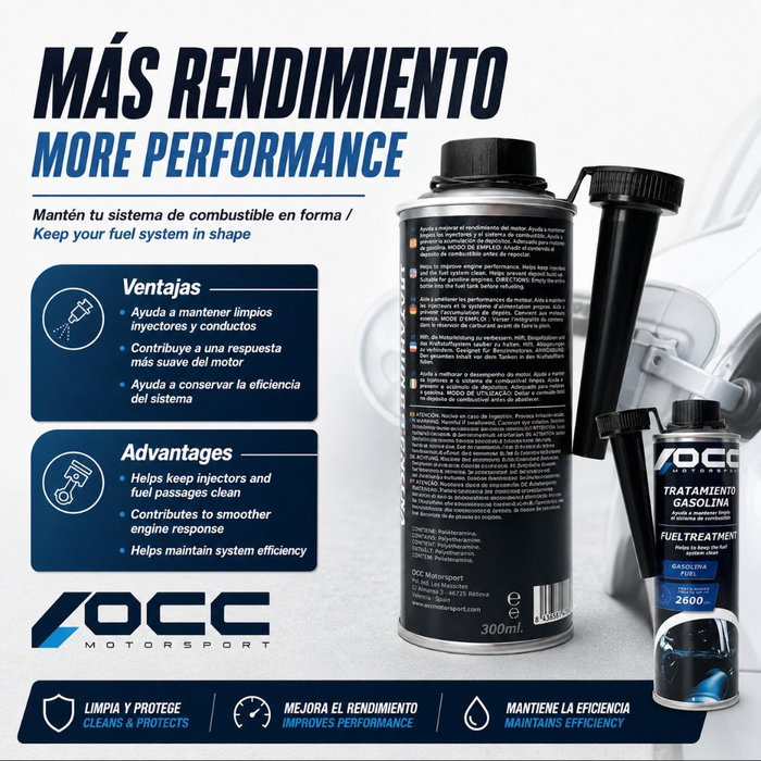 Occ Motorsport OCC49001 Tratamiento para Gasolina - Aditivo para Limpieza del Sistema de Combustible, Mejora la Eficiencia del Motor y Reduce Depósitos, para Vehículos de Gasolina