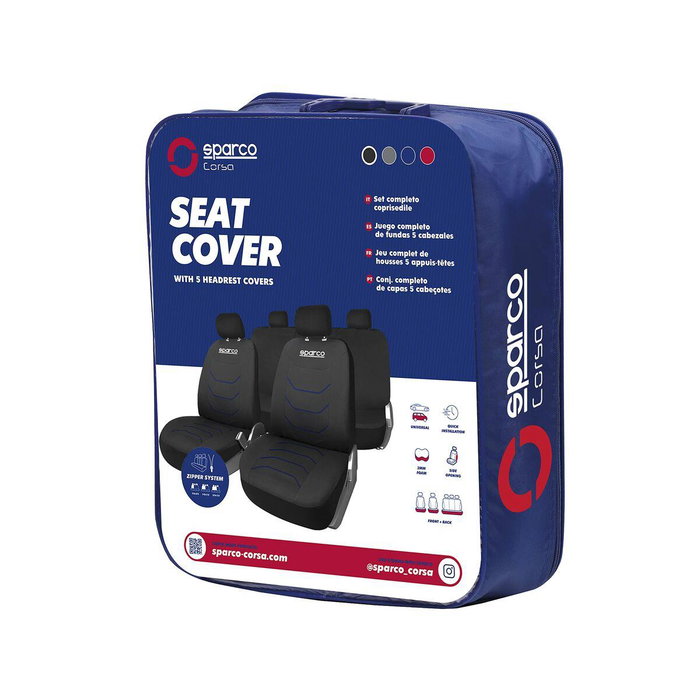 SPARCO Juego Completo Fundas Asiento Coche SPCS441BL Corsa Negro y Azul, Universal 5 Cabezales, 100% Lavable Polyester Foam