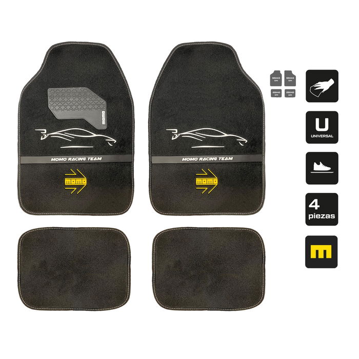 Momo Set Completo 4 Piezas Alfombras Universales Negro y Blanco MOMLCM4A7BW para Coche Poliéster Protección y Seguridad