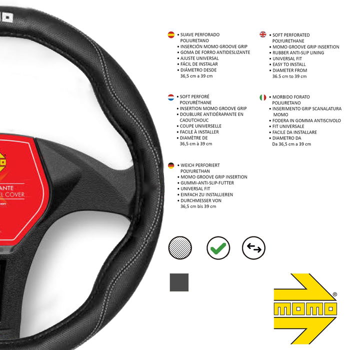 Momo Funda Volante Comfort Universal Negro Y Gris MOMLSWC011BW 38-39 cm Protección y Agarre Antideslizante
