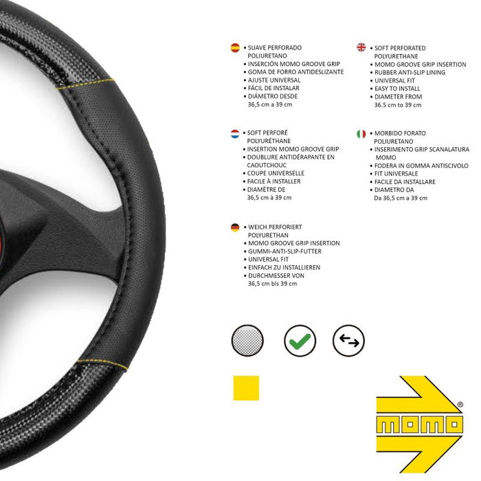 Momo Funda de Volante Carbon Universal Negro y Amarillo 38-39cm