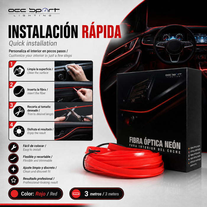 Occ Sport Tira de Alambre de Neón de Fibra Óptica Color Rojo