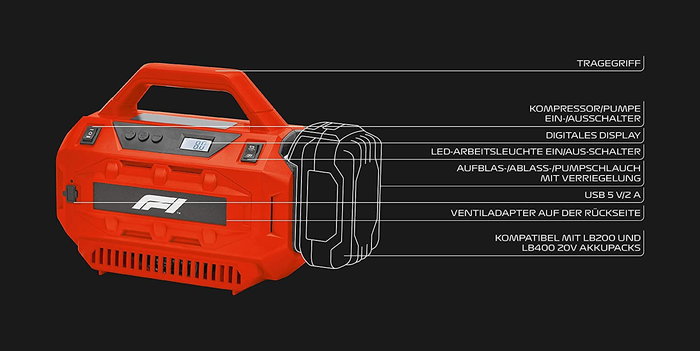 Formula 1 Compresor Híbrido Hi700 F110782 20V 160 PSI 12L/min Incluye Accesorios