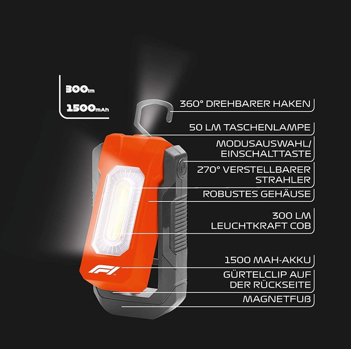 Formula 1 Luz de Bolsillo WL300 F110820, 300 Lúmenes COB, Batería 1500 mAh, Gancho Giratorio 360°, Base Magnética, Recargable USB-C