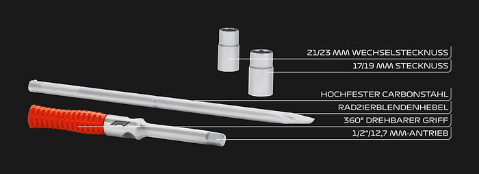 Formula 1 Llave de Rueda F110801 Acero al Carbono Mango Giratorio 360° Potencia hasta 200% Par Incluye Palanca Ajuste y Dos Vasos 17/19mm 21/23mm Bolsa Almacenamiento