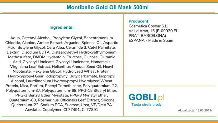 Montibello Gold Oil Mask - Mascarilla Capilar con Aceites - Tratamiento Nutritivo y Reparador - 500 mL
